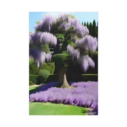 Purple leafed tree in lavender field