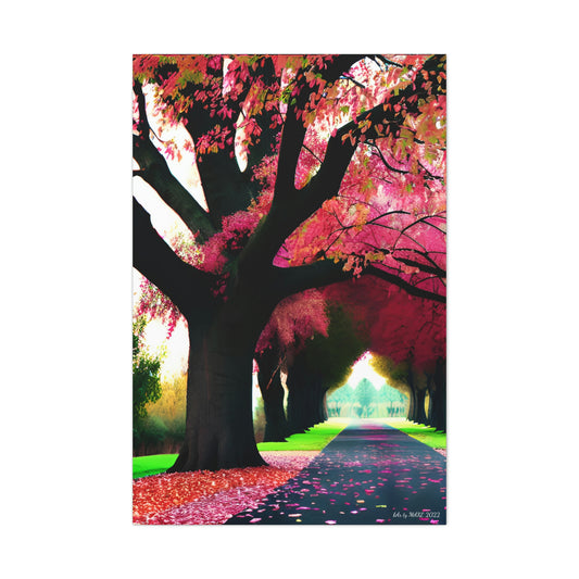 Lane of trees with red autumn leaves