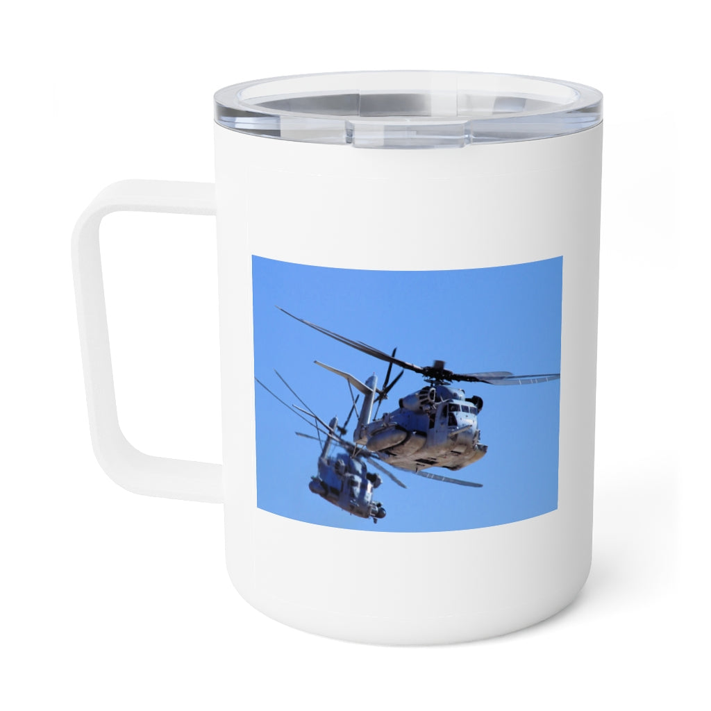 Back view of USMC travel mug with helicopters