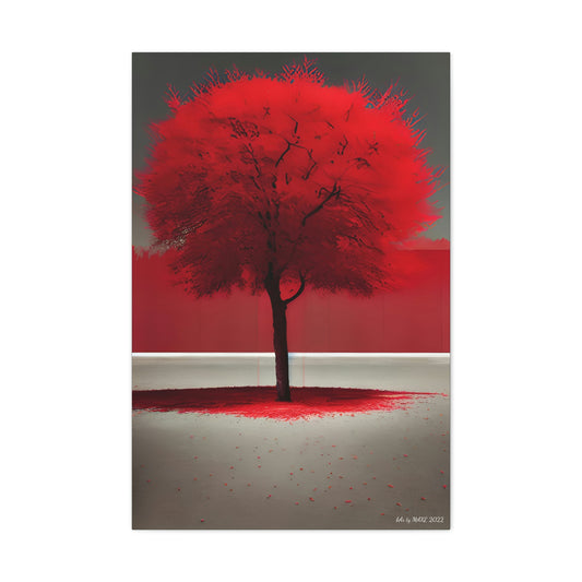 Vibrant red tree against serene backdrop