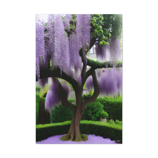 Unique purple tree in a serene landscape